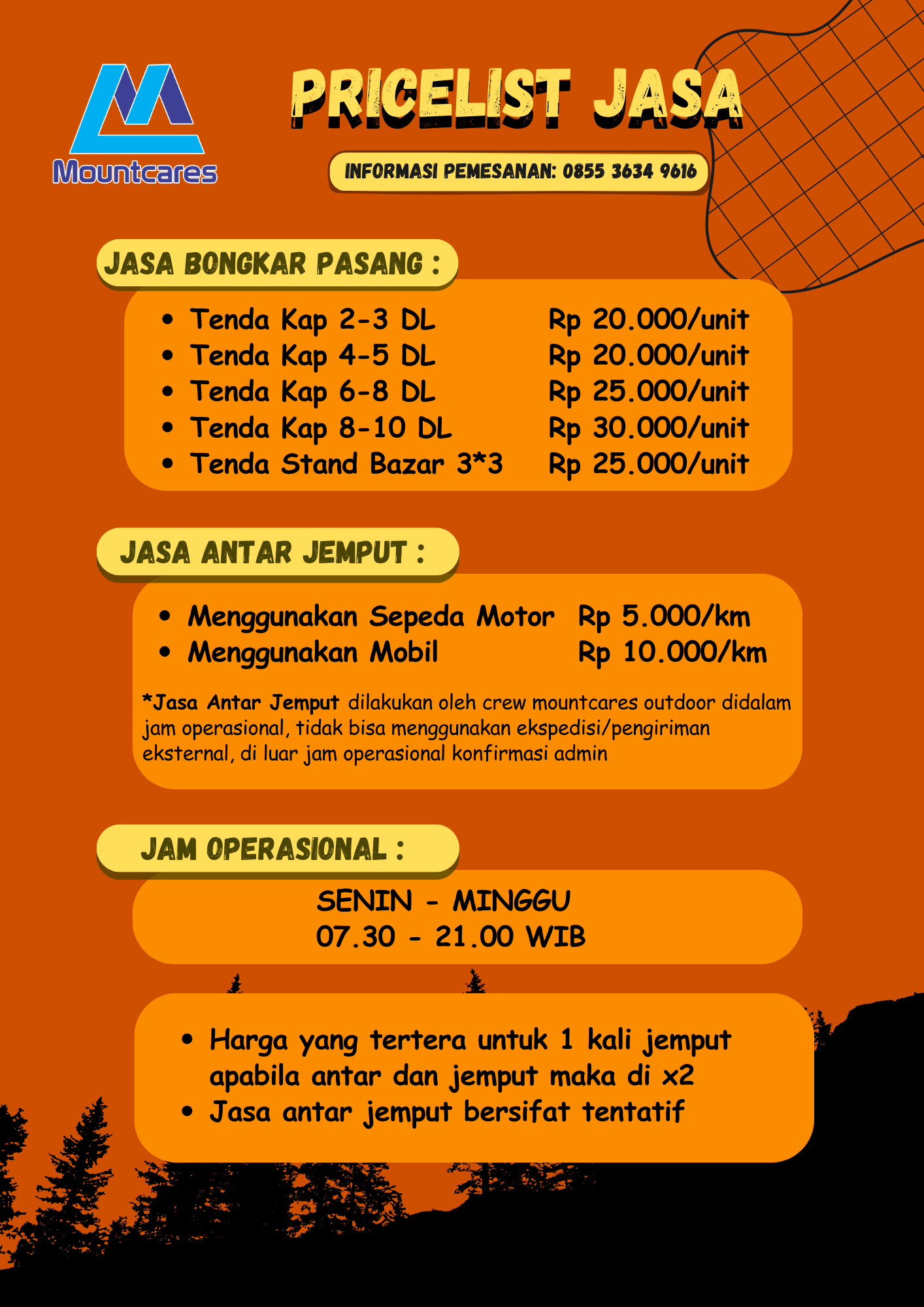 Pricelist Jasa & Jam Operasional Mountcares Outdoor